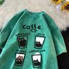 Vintage Washed Black Cat Coffee Print T-shirt Casual Loose Short Sleeve Streetwear Aesthetic Unisex Tops