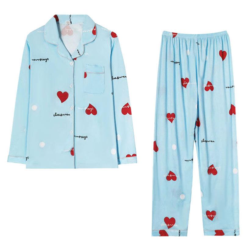 Women's Pajama Set Long Sleeve Lapel Collar Cute Heart Print 2 Piece Loungewear Soft Spring Fall Sleepwear Home Suit