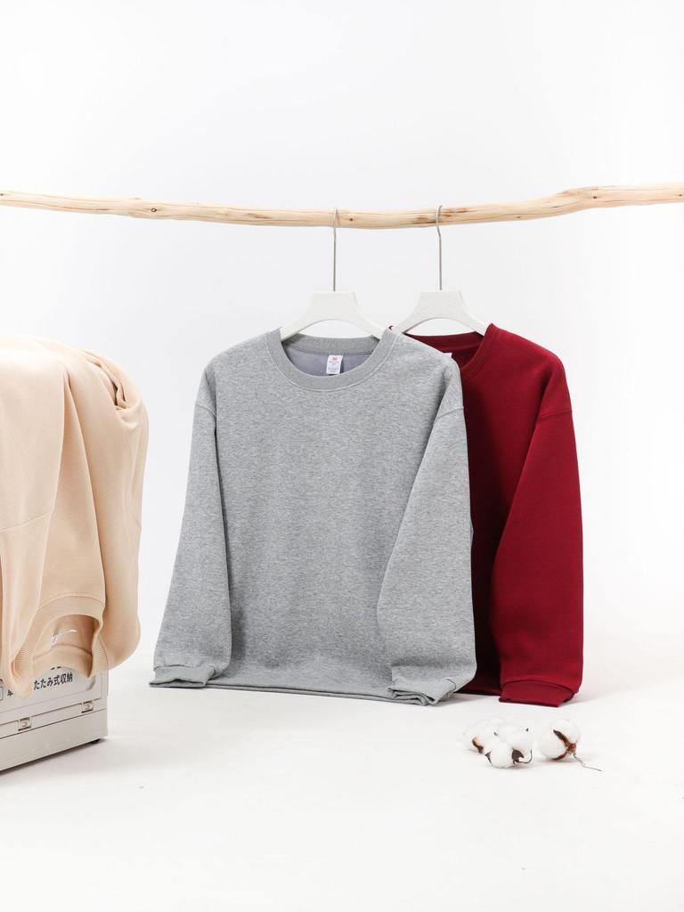 400g Silver Fox Fleece Lined Oversized Crew Neck Sweatshirt for Men - American Loose Fit, Drop Shoulder, Solid Color