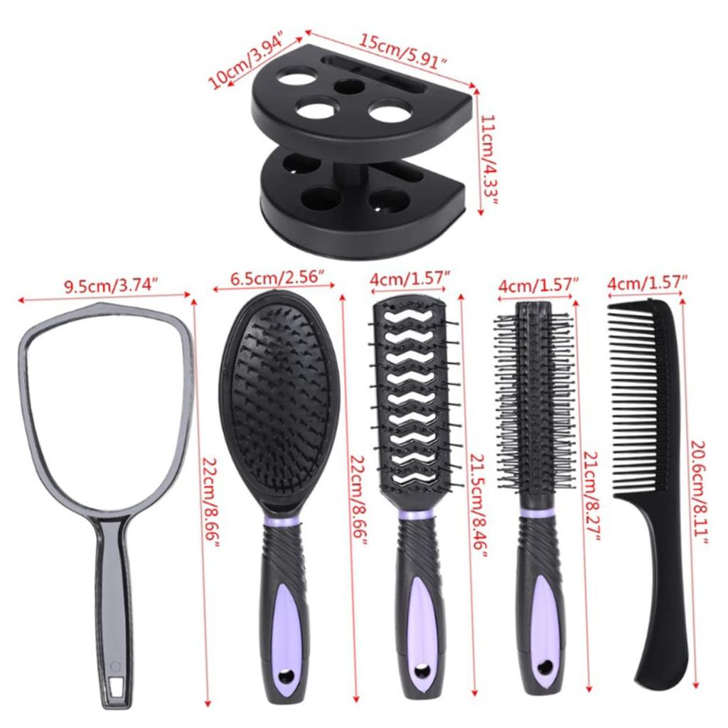 5-Pack Comb Brush Set with Mirror Hair Brush Holder Professional Massage Comb Cosmetic Hair Styling Tool Set