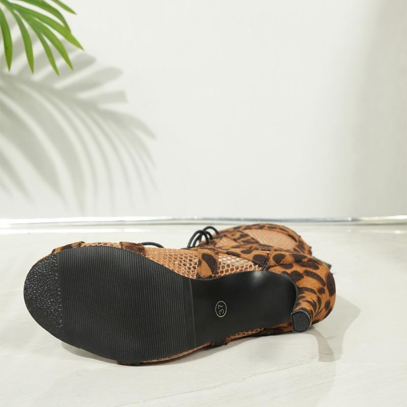 Fashion Plus Size 2025 Hot Sale Mesh Women's Peep Toe Boots Round Toe Lace Up Back Zip Ankle Sandal Boots Leopard Versatile Modern Boots