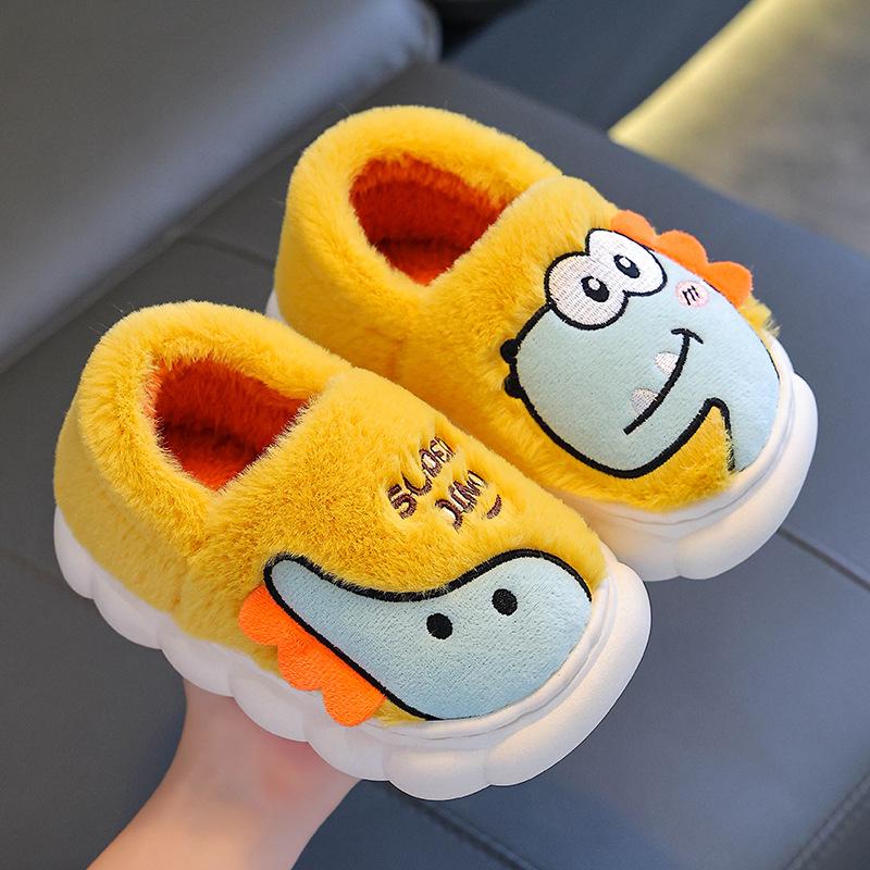 Children's Winter Dinosaur Cotton Shoes with Heel Support, Non-slip Thick Sole, Plus Velvet, Furry, Warm Home Slippers for Boys and Girls.