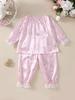 Toddler Girls Satin Pajama Set, Floral Print Long Sleeve Lace Trim Sleepwear, Silky Loungewear,6M-3T Baby Girls Pjs For Sleeping And Lounging