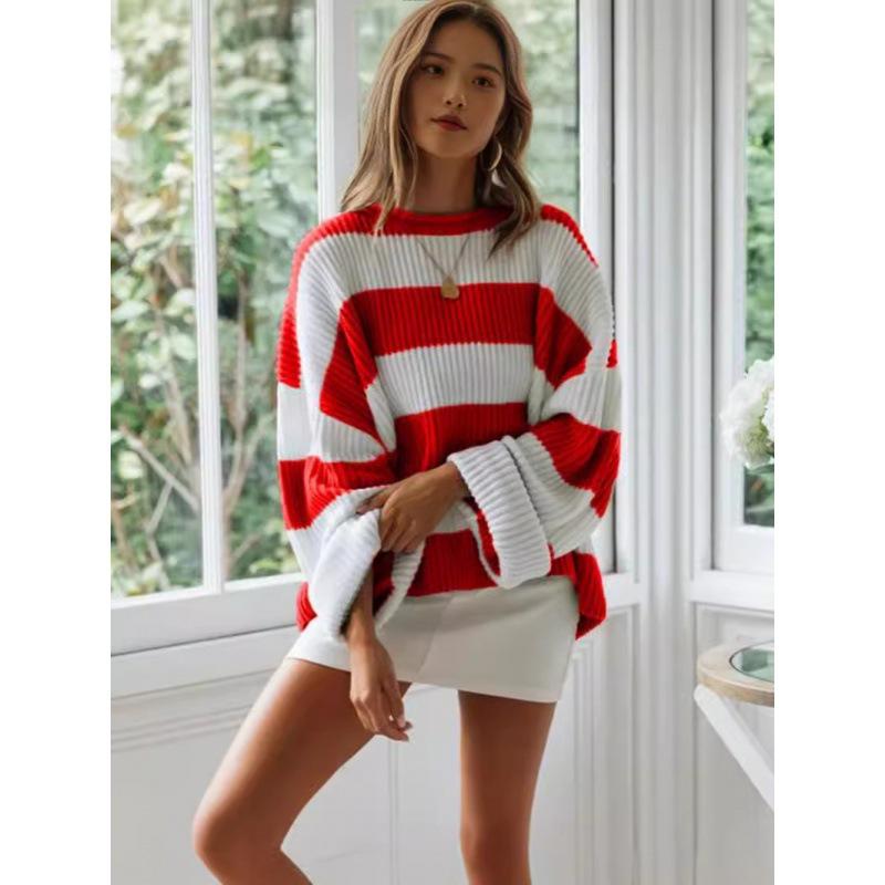 Autumn Winter Stripe Loose Knit Sweater - Round Neck, Long Sleeve for Women