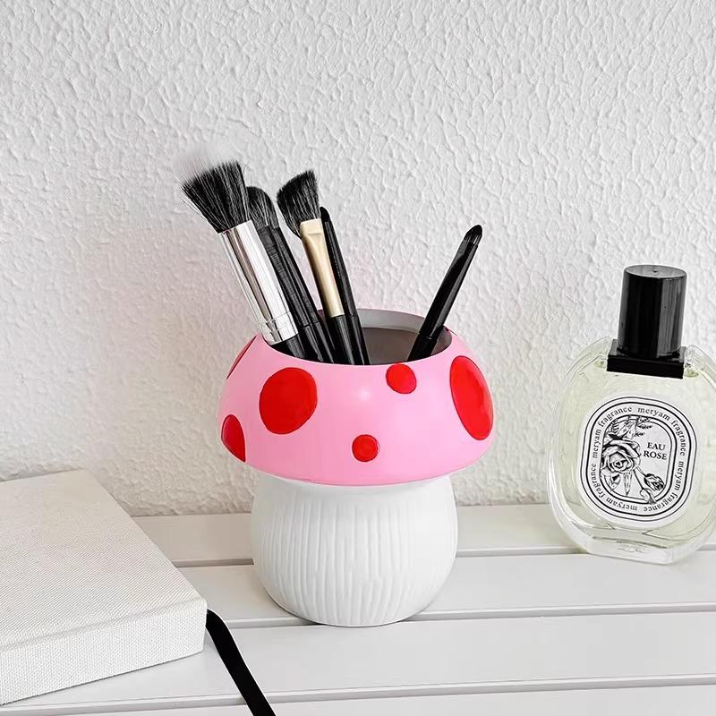 Mushroom Shaped Resin Flower Pot with Polka Dots for Home Decor - Cute Indoor Plant Pot, Brush Holder, or Office Organizer