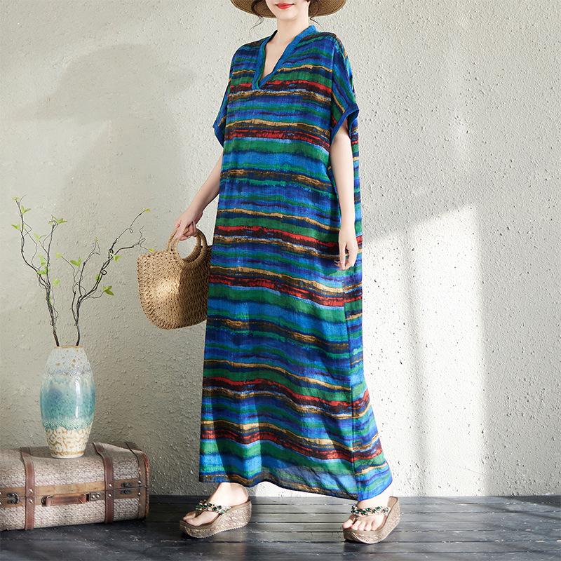 Summer Printed Cotton & Linen Loose Plus Size Maxi Beach Dress for Women Plus Size One Size