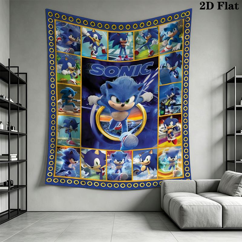 Sonic Collage Photo Wall Tapestry Multi Scene Character Grid Print Inspirational Quote Hanging Cloth Game Room Wall Decor