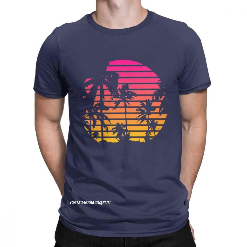 Sunset Palm Tree Vintage T Shirts 80s Synthwave Clothes Vaporwave Oversized T Shirt Men's T-Shirts Japanese