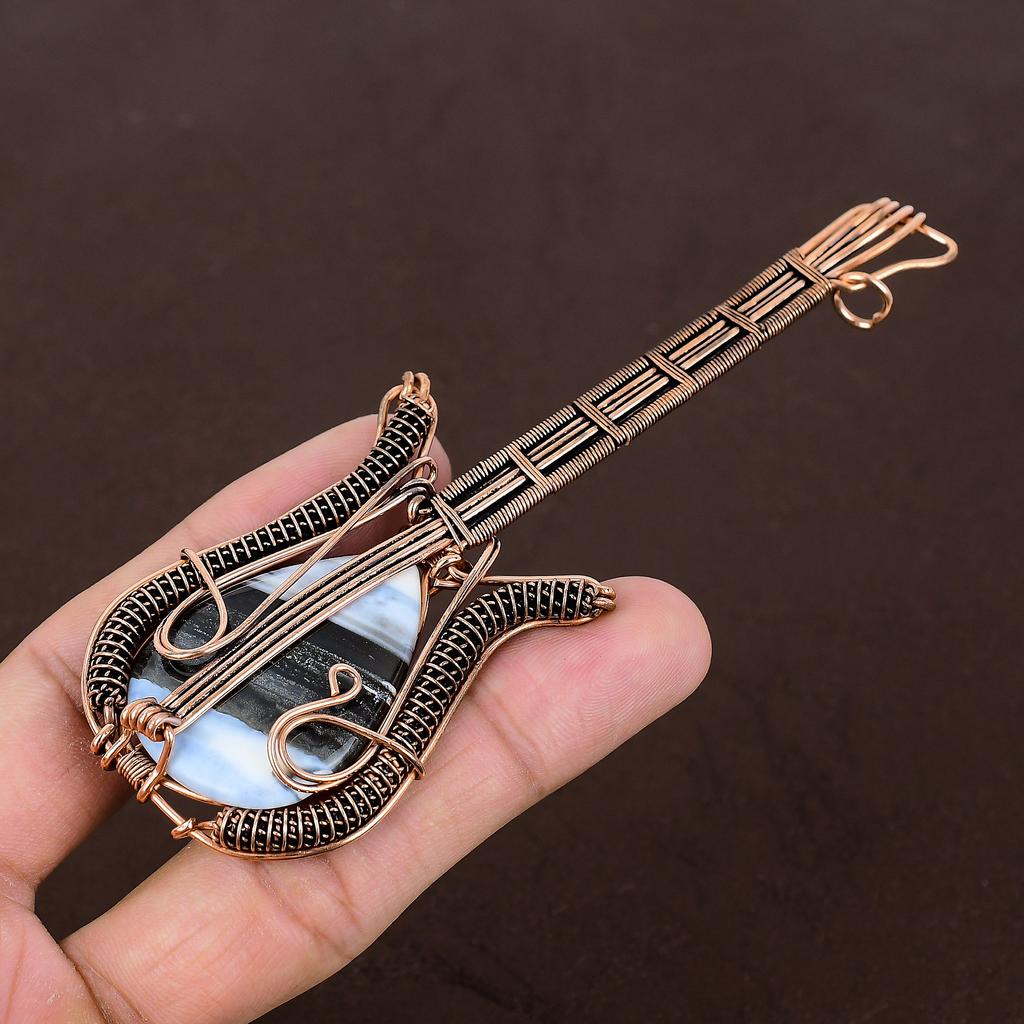 Owhyee Blue Opal Handmade Copper Wire Wrap Guitar Pendant 4.53" a9u37