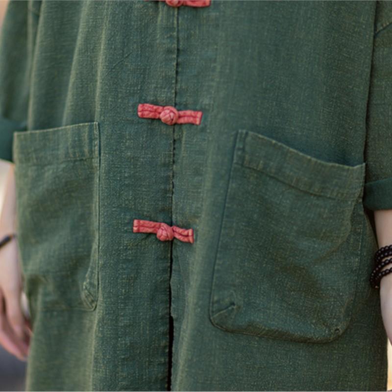 Johnature Women Shirts Vintage Tops Spring Chinese Style Button Solid Color Pockets Stand Long Shirts