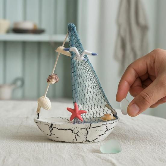 Nautical Wooden Sailboat Models Coastal Beach Style Blue White Ship Tabletop Figurine for Home Living Room Office Farmhouse Decor