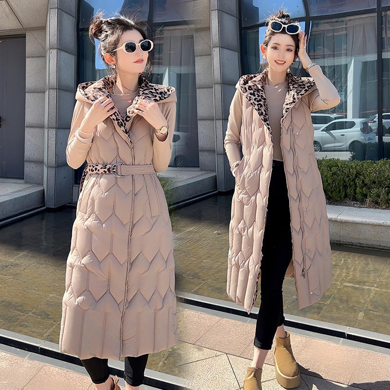 European and American leopard print plus slim-fitting hooded cotton vest to keep warm in autumn and winter women's long thin down cotton vest vest