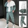 2Pcs/Set Men Spring Autumn Patchwork Color Sport Outfit Hooded Drawstring Long Sleeve Zipper