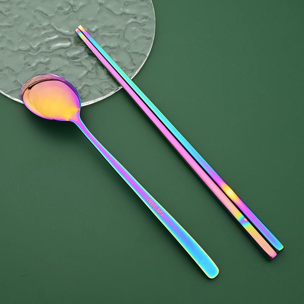 8Pcs/Set Mirror Chopsticks Spoon Cutlery Set Gold Dinnerware Set Luxury Stainless Steel Flatware Korean Tableware Set