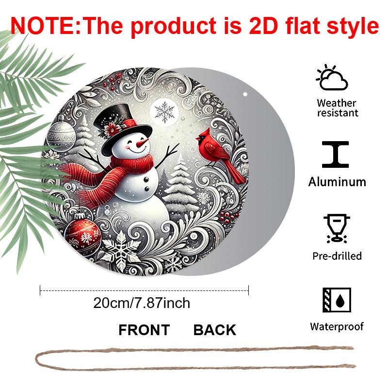 2D Flat, 1pc Winter Round Aluminum Sign, Snowman Round Wall Decor with Red Bird Rustic Metal Wall Art, Festive Metal Wall Art Decor, Wall Decor Signs