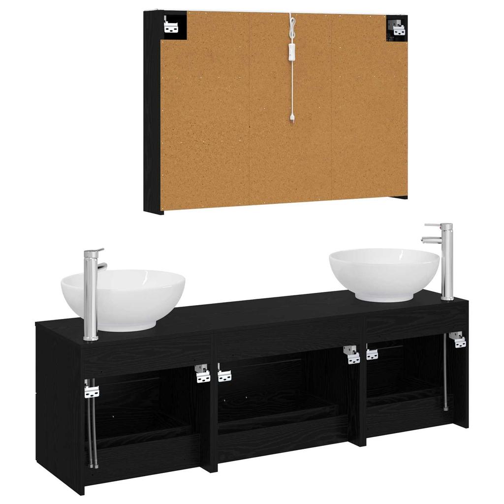 Bathroom Furniture Set 4 Pcs Black Oak Engineered Wood and Glass