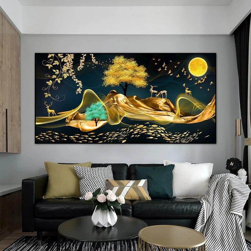 Abstract Landscape Canvas Painting Golden Elk And Trees Canvas Wall Art Posters and Prints Pictures for Living Room Frameless