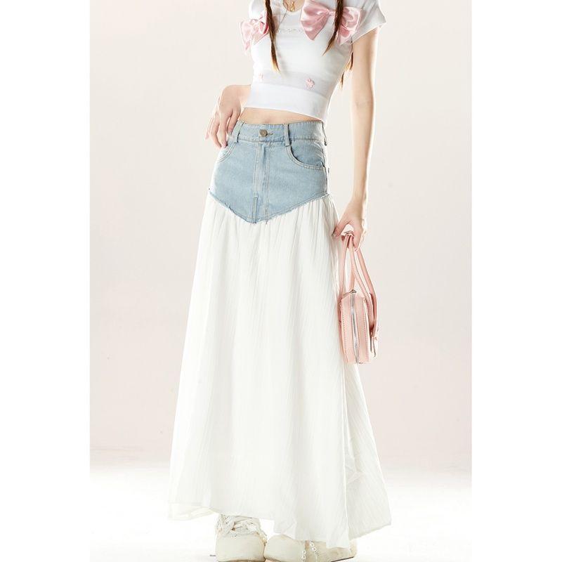 2026 Summer New Retro Irregular Splicing Cowboy Skirt for Women, Versatile and Slimming, Denim Half Body Skirt, Long Style
