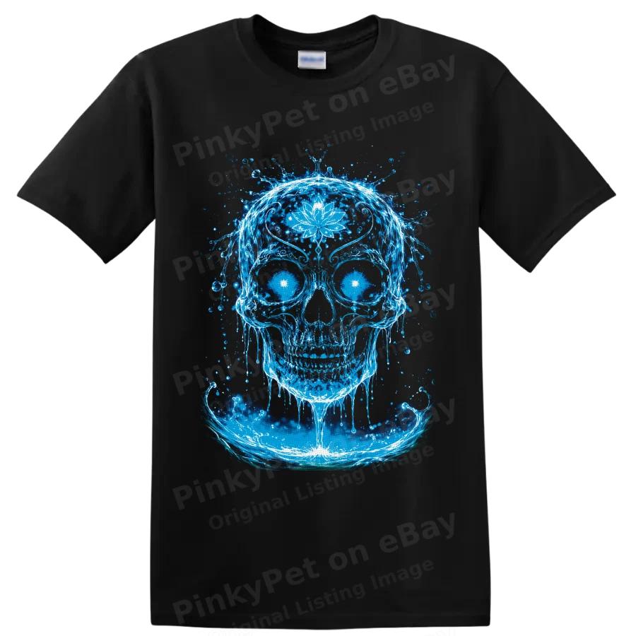 Blue Water Skull T Shirt w Lotus Flower Gothic Fantasy Art Splash Graphic Tee