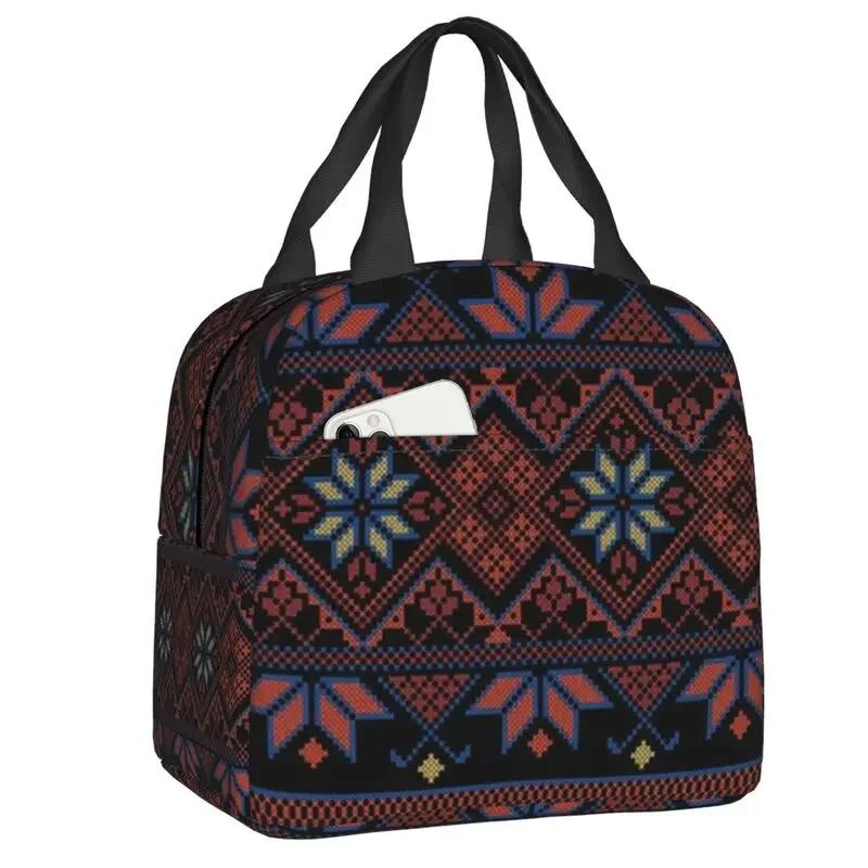 Embroidery Traditional Folk Art Insulated Lunch Bag Tatreez Cross Portable Thermal Cooler Lunch Box