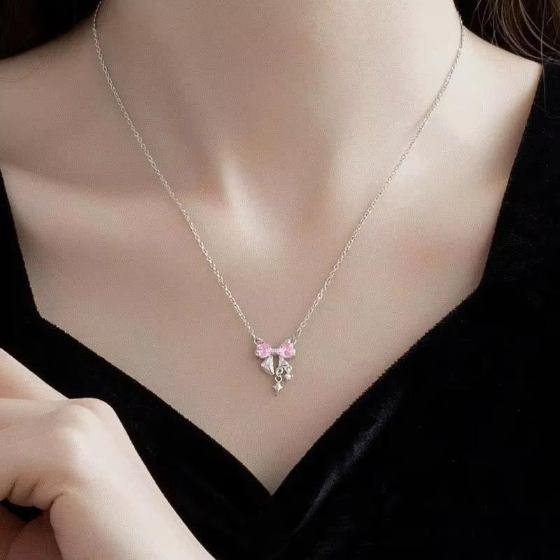 Sweet Pink Bow Necklace Ladies Fashion Sparkling Rhinestone Star Shape Pendant Clavicle Chain Delicate Wedding Accesories