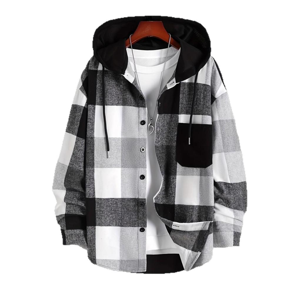2023 Men's Hooded Plaid Long Sleeve Thickened Shirt - Cold Resistant Autumn Wear