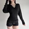 Y2K Style Slim V-neck Fashion T-shirt Tops for Women 2025 Autumn and Winter