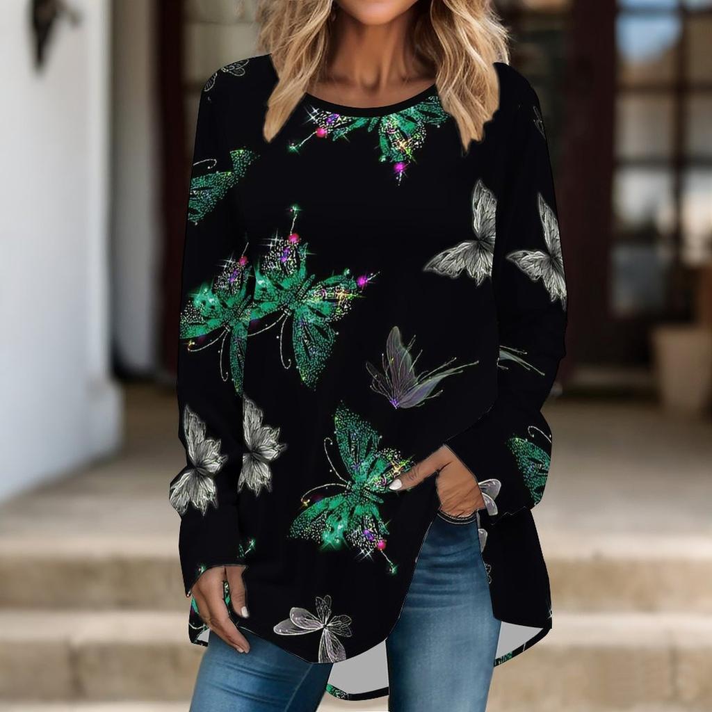 Women Long Sleeve Tunic Top Print Crew Neck Loose Fit Blouse With Pockets Casual Daily Wear Ladies Tops