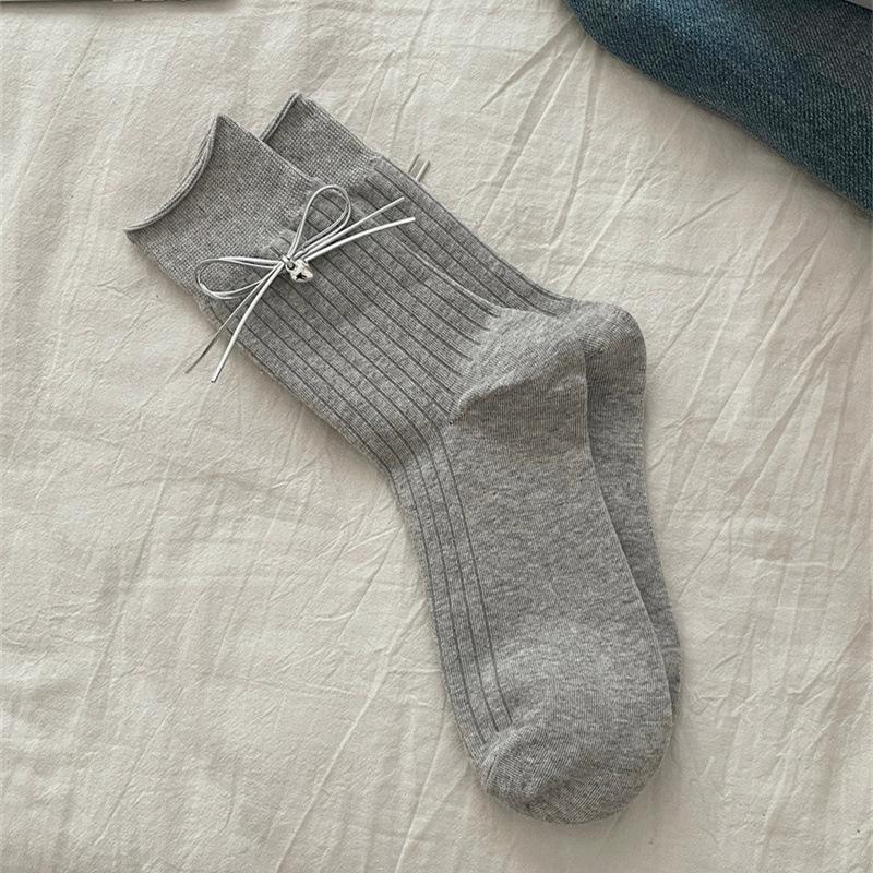 

Женские весенне-осенние хлопковые носки с двойным бантом, любовью, балетным ветром, барабанным ворсом 1 pair серый