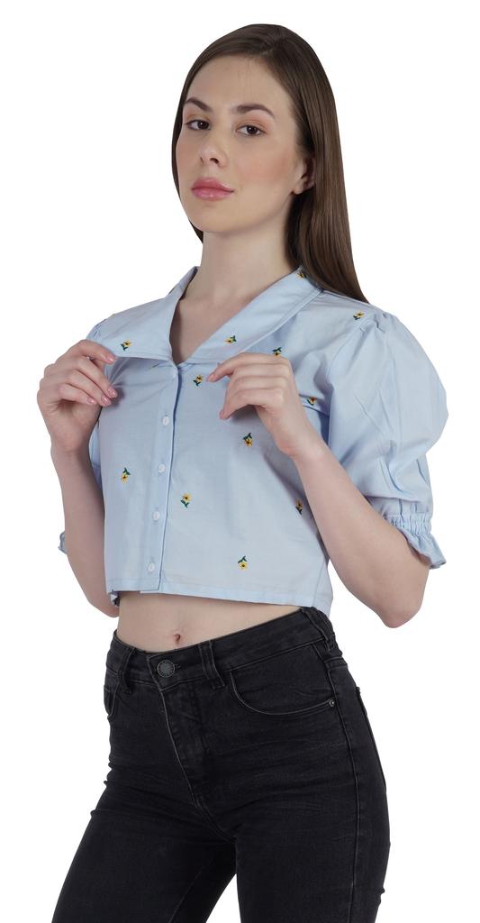 Moomaya Puff Sleeve Crop Top For Women Solid Button Down Collar Designer