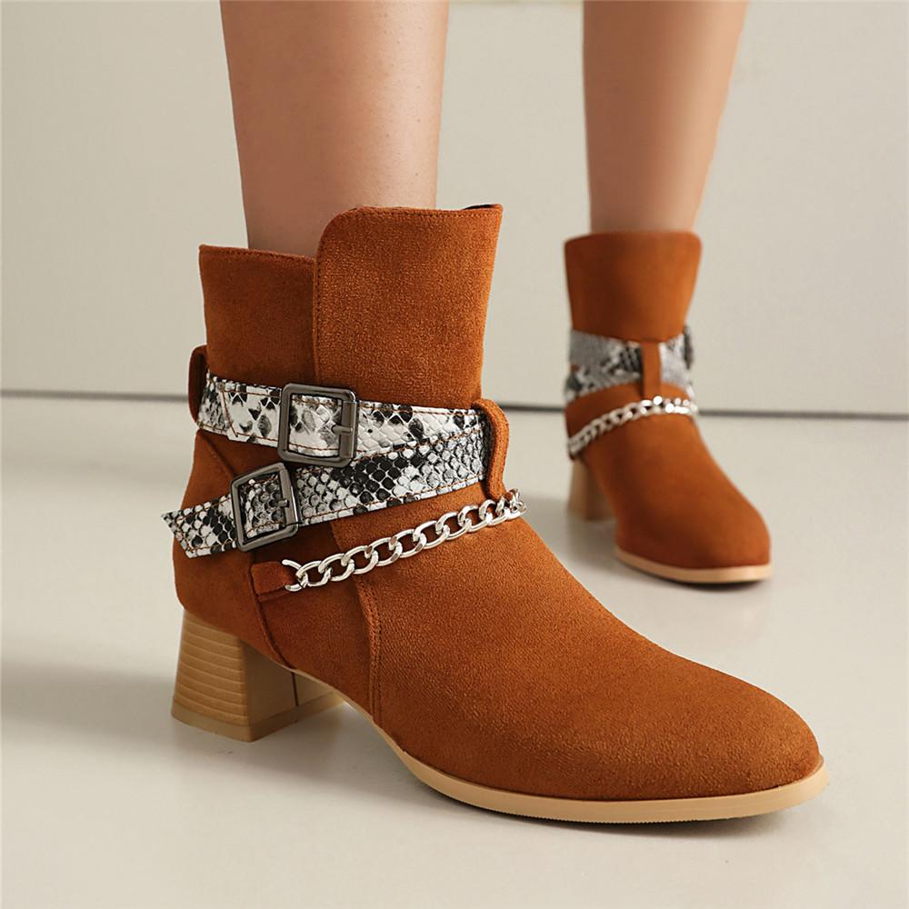 Fashion Autumn Winter Vintage Boots Fashion Metal Chain Chunky Heel Boots Punk Walking Ridding Boots Women Western Cowboy Cossacks Botas