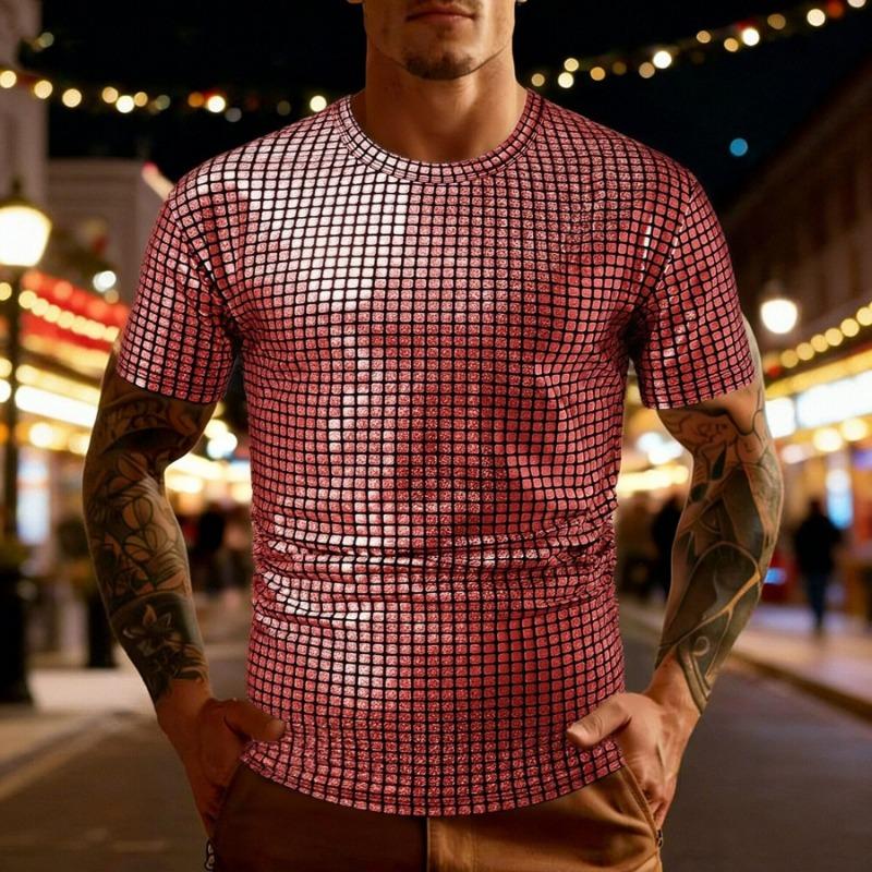 Mens Silver Sequin Square Pattern Short Sleeve Crew Neck Party T-Shirt