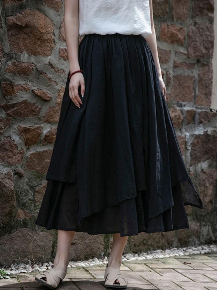 Johnature Dámské Vintage Nepravidelné sukně Pružný pas Léto Ležérní Dámské Oblečení Dvojité bavlněné plátěné sukně