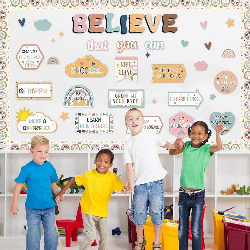 Boho Affirmation Station Bulletin Board Classroom Decorations Set Motivational Rainbow Believe That You Can Paper Cutouts for Welcome Back To School