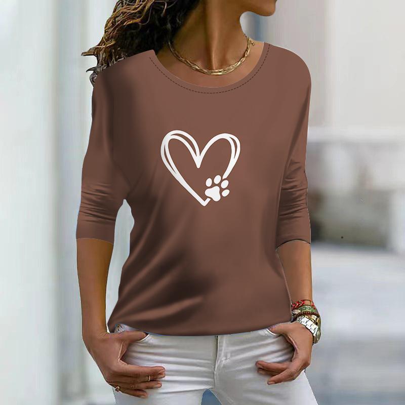 

Топы для женщин 3D Purple Heart Letter Print Round Neck Футболка с длинным рукавом Осенний повседневный тонкий пуловер Женский топ с длинным рукавом 8XL коричневый