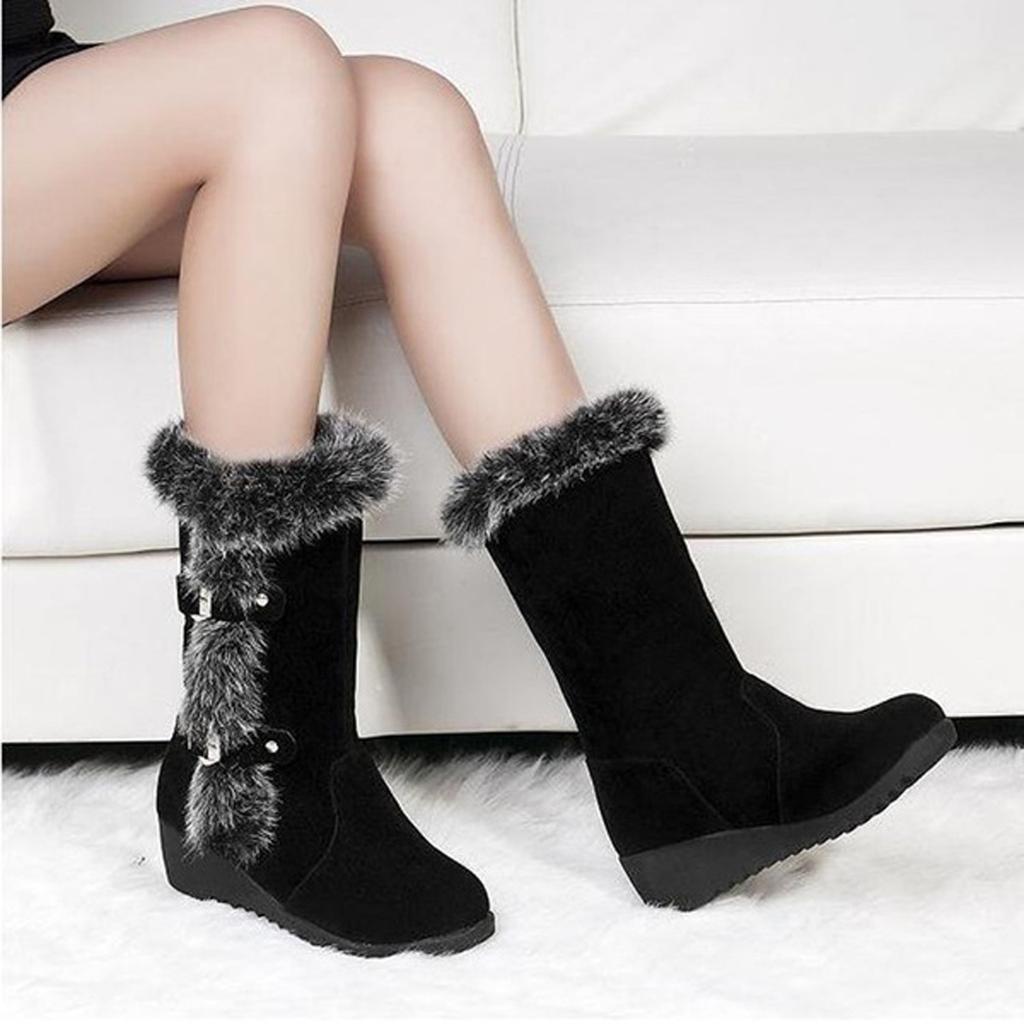 Damen Schneestiefel Warme Plüschstiefel Slope Heel Gürtelschnalle Mittelstiefel