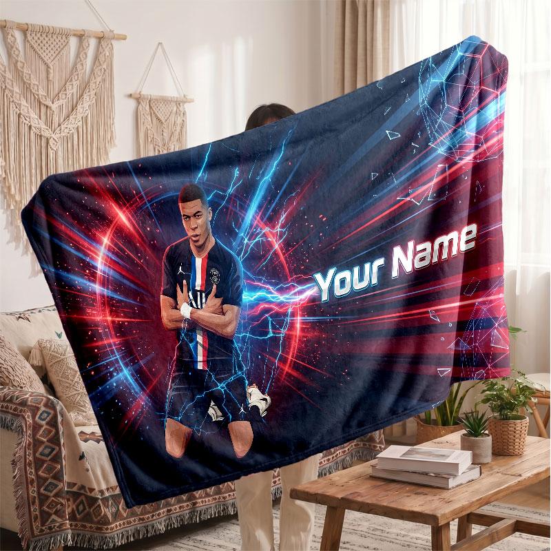Coperta Personalizzata in Pile Kylian Mbappe con Logo Calcio, Testo Nome Personalizzato Morbida Calda Coperta da Divano per la Casa