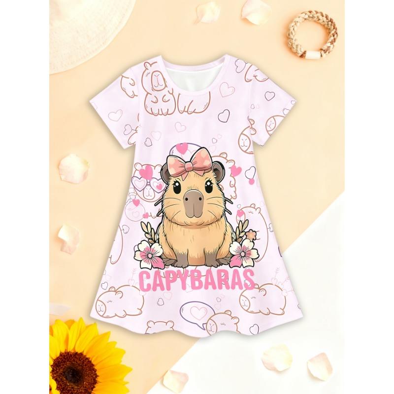 Girls' Summer Fashion Short-Sleeve Dress, 3D Cute Capybara Animal Print Casual Dress, Gift for Children,