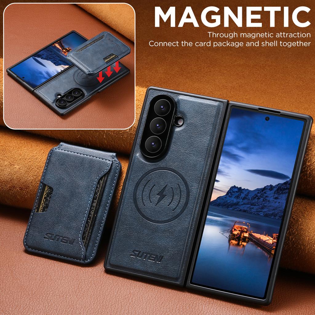 SUTENI for Samsung Z Fold 7 Phone Case Magnet Wireless Charging 2-in-1 Card Holder Stand Luxury Faux Leather Galaxy Z Fold 6
