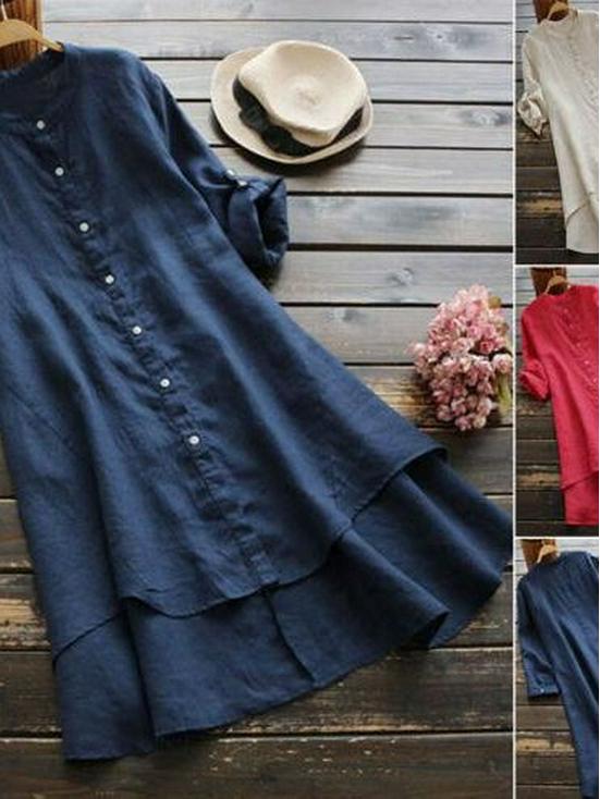 Women's Solid Color Button-Up Cotton Linen Long Sleeve Shirt