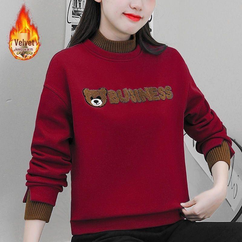 Plus Size Women's Fleece-Lined Bear Sweatshirt, Faux Two-Piece, Loose Fit, Slimming Round Neck, Autumn/Winter Jacket