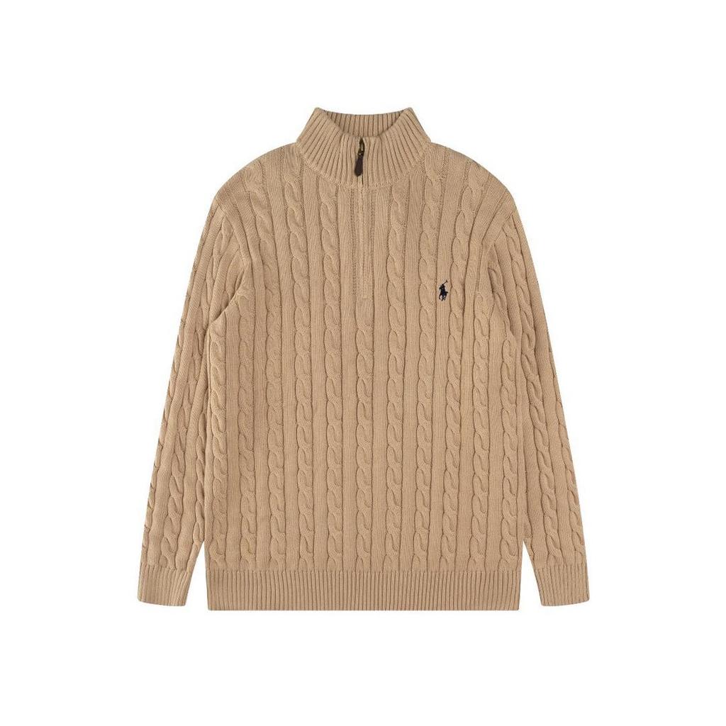 Herren Zopfmuster Pullover mit halbem Reißverschluss und gesticktem RL Pony Logo