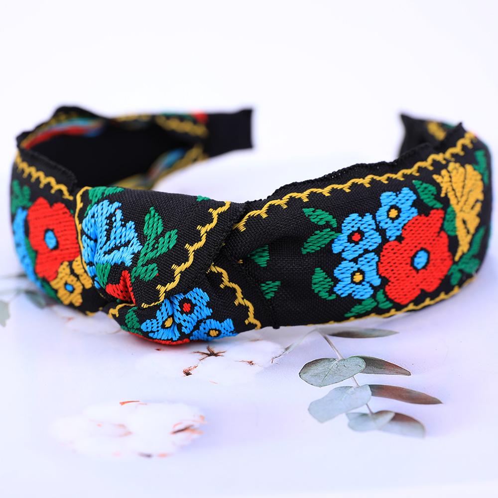 New Retro Knotted Headband For Women Hair Accessories Girls Flower Embroidery Elastic Hairbands Hair Hoops Band Headwear Bezel