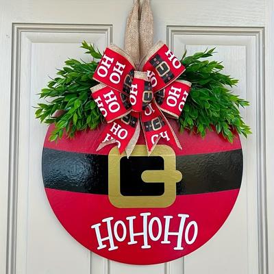 1pc Festive Christmas Wooden Door Sign with Red Checkered Pattern - Artificial Greenery and Ribbon Accents- Christmas