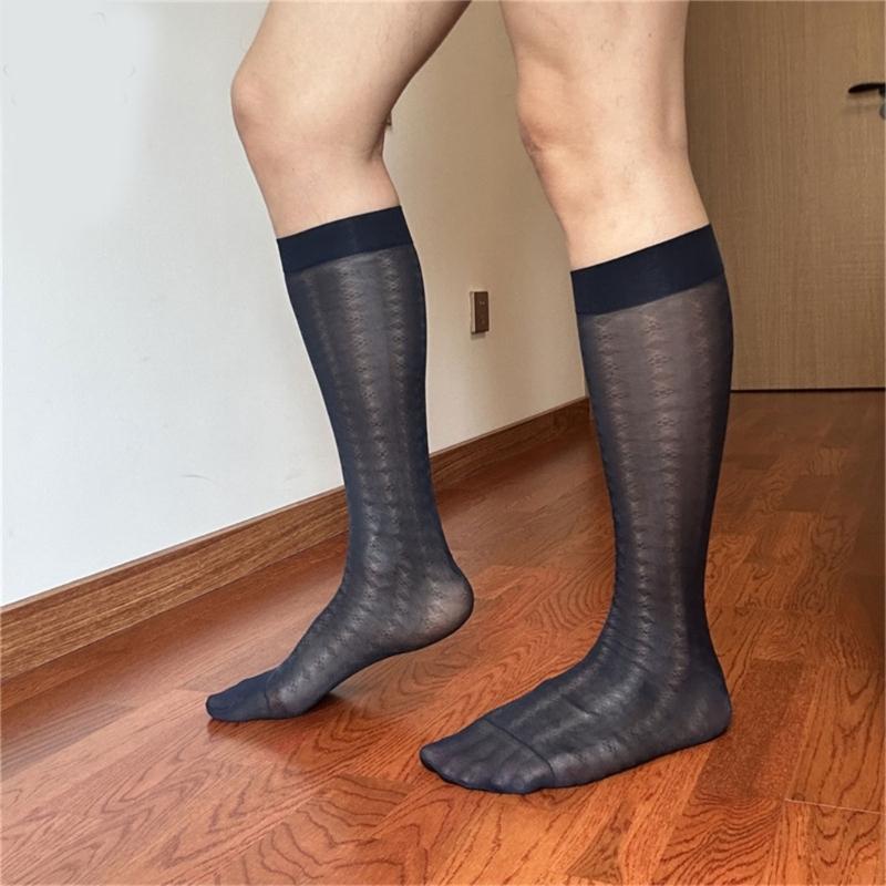 Men Thin Business Dress Socks Stretchy Nylon Sheer Knee Highs Dress Socks Over the Calf Dress Socks Sheer Casual Socks