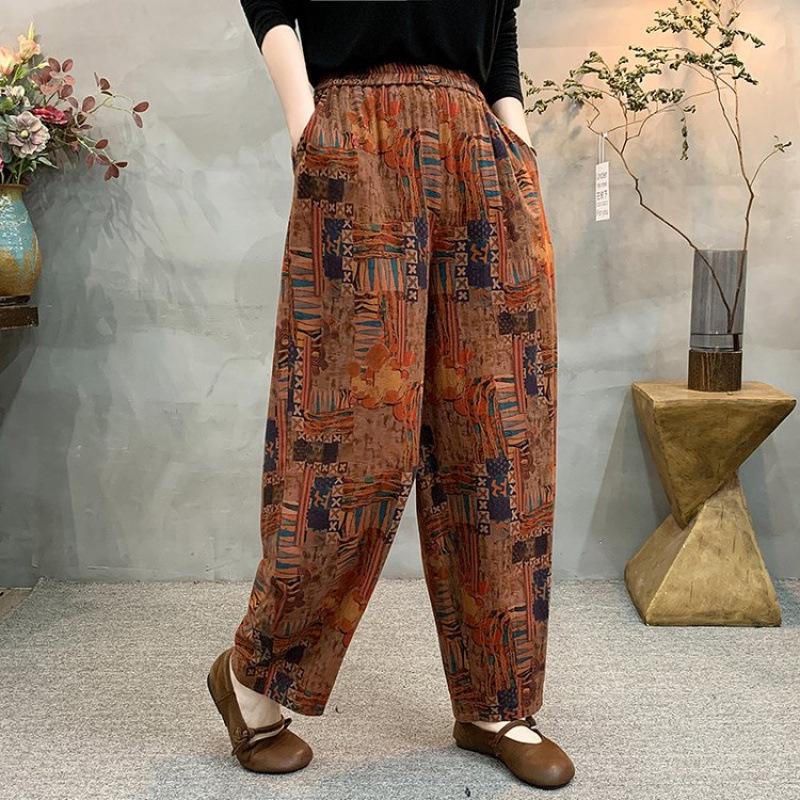 Artistic Retro Printed Elastic Waist Harem Pants for Women - Stylish Spring/Autumn Loose Fit