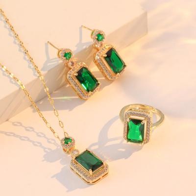 Conjunto de Colar e Brincos de Zircônia e Esmeralda Estilo Japonês e Coreano para Mulheres, Aço Titânio Não Desbota.