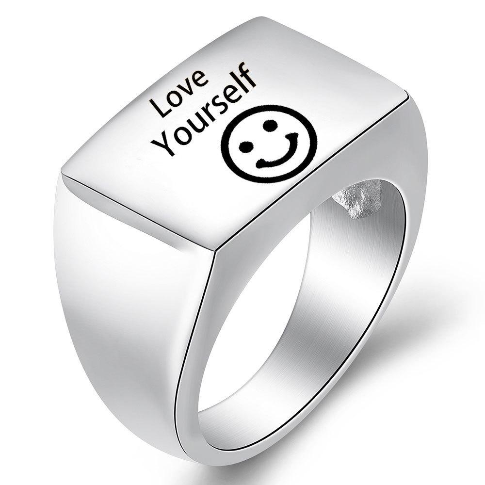 13MM Laser-Engraved Love Yourself Smiley Face Ring Size 10