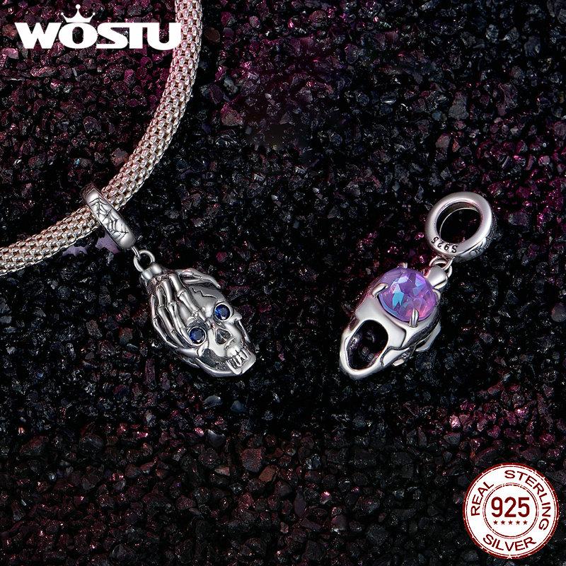 WOSTU 925 Sterling Silver Halloween Gift Skull & Heart Pendant Luminous Witch Charms Evil Eye Candy Beads Fit Bracelet DIY Neckace