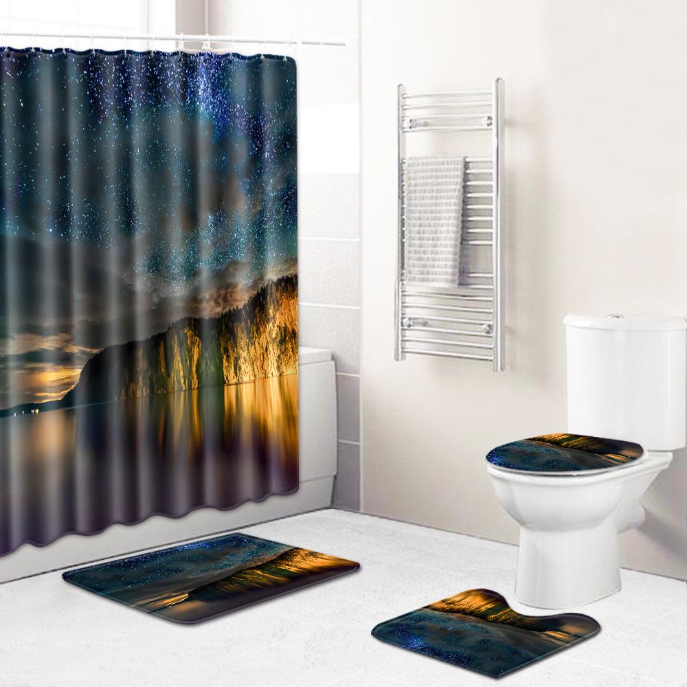 Starry Sky Shower Curtain Floor Mat Combination Four-Piece Set Bathroom Toilet Carpet Shower Room Mat Foot Mat